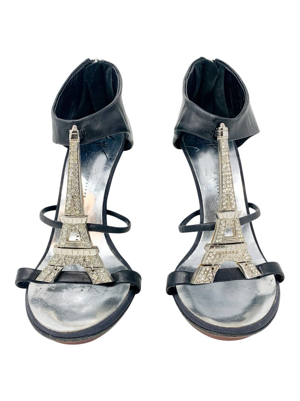 Giuseppe Zanotti Eiffel Tower Rhinestone Black Leather Heels EU 37 Rare